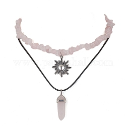 Set di collane con ciondolo a forma di sole in lega e proiettile di quarzo rosa naturale da 2 pz, con catenelle di perline, 2 pollice (12.80~17.72 cm), 32.5~45pc / style