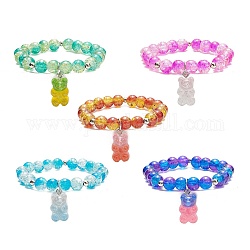 Bracelet extensible à perles rondes bling galss, bracelet réglable breloques ours en résine pour enfants, couleur mixte, diamètre intérieur: 1-5/8 pouce (4 cm)