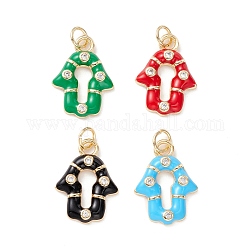 Rack Plating Brass Clear Cubic Zirconia Pendants, with Enamel, Long-Lasting Plated, Cadmium Free & Lead Free, Real 18K Gold Plated, Hamsa Hand/Hand of Miriam, Mixed Color, 18.5x13.5x2.5mm, Hole: 3.6mm