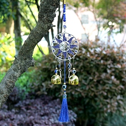 Alloy Wind Chime, with Sun Evil Eye Wind Bells Hanging Decoration and Tassle, for Car Kitchen Home Garden Decor, Gold, 370mm