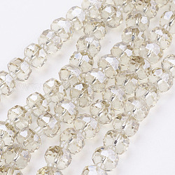 Chapelets de perles en verre électroplaqué, perle plaquée lustre, facette, plat rond, beige, 7.5~8mm, Trou: 1mm, Environ 50 pcs/chapelet, 13.7 pouce (35 cm)