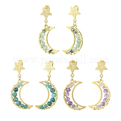 3 paire de boucles d'oreilles pendantes en pierres précieuses naturelles mélangées, 3 styles, lune et étoile, boucles d'oreilles pendantes en laiton doré, 40.5x18mm, 1 paire/style