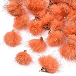 Décorations pendantes de pompon en fausse fourrure de vison, avec les accessoires en alliage, Or antique, rouge-orange, 20~30x28~30mm, Trou: 1.8mm