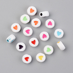Perles acryliques opaques, plat et circulaire avec coeur, couleur mixte, 7x4mm, Trou: 1.8mm, 3800 pcs / 500 g
