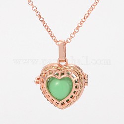 Rose Gold Plated Brass Rhinestone Cage Pendants, Chime Ball Pendants, Hollow Heart, with No Hole Spray Painted Brass Round Ball Beads, MediumSea Green, 28x27x15mm, Hole: 3x8mm