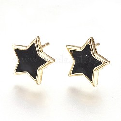 Brass Stud Earring Findings, with Loop, Enamel, Nickel Free, Star, Real 18K Gold Plated, Black, 9.5x10x1.5mm, Hole: 1.5mm, Pin: 0.8mm