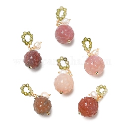 Natural Agate & Natural Pearl & Cubic Zirconia Pendant Decorations, with Brass Findings, Flower with Oval, Real 14K Gold Plated, 28mm, Hole: 3x4mm