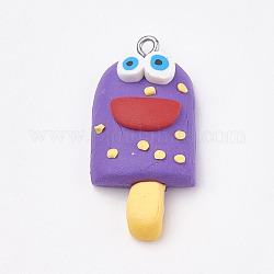 Handmade Fimo Anhänger, mit  eisernem Zubehör, kantille, Eis mit lächelndem Gesicht, Platin Farbe, blau violett, 34~35x16~17x8~9 mm, Bohrung: 2 mm