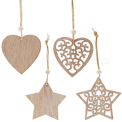 Gorgecraft 2 ensembles 2 décorations de pendentifs en bois sur le thème de Noël, pour les décorations suspendues d'arbres de Noël, étoiles & coeur, formes mixtes, 107~117mm, 12 pièces / kit, 1 ensemble/style