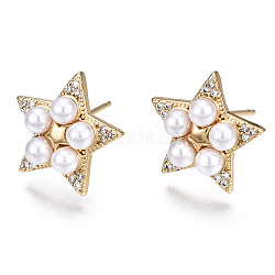 Brass Micro Pave Cubic Zirconia Stud Earrings, with
ABS Plastic Imitation Pearl, Nickel Free, Star, Creamy White, Real 16K Gold Plated, 15x15.5mm, Pin: 0.8mm