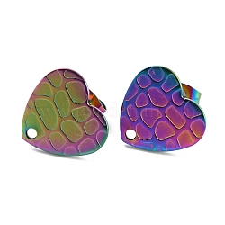 Placcatura ionica (ip) 304 risultati dell'orecchino a bottone in acciaio inossidabile, con dadi e fori per orecchini, a forma di cuore con texture, colore arcobaleno, 12x13x1mm, ago :0.8mm