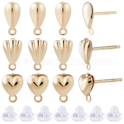 Beebeecraft 24Pcs 3 Style Teardrop & Shell & Heart Alloy Stud Earrings Findings, with Horizontal Loops & 30Pcs Eco-Friendly Plastic Ear Nuts, Real 14K Gold Plated, 7.5~10x5~5.5mm, Hole: 1mm, Pin: 0.7~0.8mm, 8Pcs/style