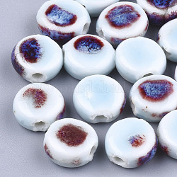 Perles en porcelaine manuelles, fantaisie porcelaine émaillée antique, plat rond, lumière bleu ciel, 10~11x10.5~11x5~5.5mm, Trou: 1.5~2mm