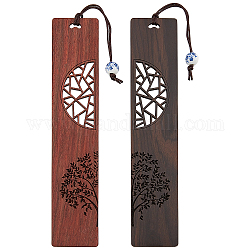 AHADEMAKER 2Pcs 2 Colors Wood Bookmarks, with Porcelain Beads, Rectangle with Hollow Half Round & Tree of Life Pattern, Mixed Color, 220~222mm, 1pc/color