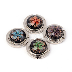 Alloy Bag Hanger Purse Hooks, with Inner Flower Lampwork Cabochons, Flat Round, Mixed Color, 43x43x18mm, Hooks: 86mm