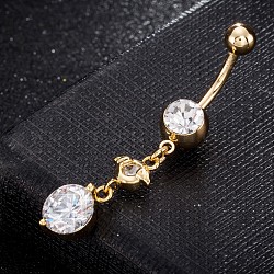Brass Cubic Zirconia Navel Ring, Belly Rings, with 304 Stainless Steel Bar, Cadmium Free & Lead Free, Real 18K Gold Plated, Flat Round, Clear, 46x8mm, Bar: 15 Gauge(1.5mm), Bar Length: 3/8