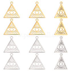 Unicraftale 12Pcs 2 Colors 304 Stainless Steel Pendants, Triangle with Evil Eye, Golden & Stainless Steel Color, 15~15.5x14.5~15x0.5mm, Hole: 1.5mm, 6pcs/color