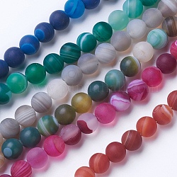 Natural Grade A Striped Agate/Banded Agate Beads Strands, Dyed & Heated, Frosted, Round, Mixed Color, 10mm, Hole: 1.2mm, about 47pcs/strand, 14.9 inch(38cm)