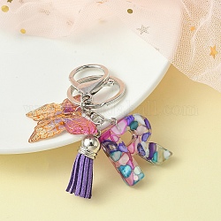 Porte-clés lettre en résine et breloques papillon en acrylique, Porte-clés pendentif pompon avec fermoir porte-clés en alliage, lettre r, 9 cm