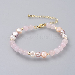 Beaded Bracelets, with Natural Pearl Beads, Natural Rose Quartz Beads and Golden Plated Brass Chain Extender and Spacer Beads, 7-1/8 inch(18.1cm)