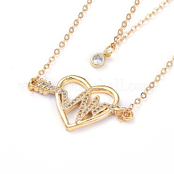 Valentine's Day Double Layer Necklaces, with Brass Cable Chains, Heart Brass Clear Cubic Zirconia Pendants, Claw Clasps and Box, Heartbeat, Golden, 16.33 inch(41.5cm), 1.5mm