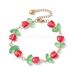 Bracelet en perles de fleur de tulipe en verre avec 304 fermoirs en acier inoxydable, rouge, 7-5/8 pouce (19.5 cm)