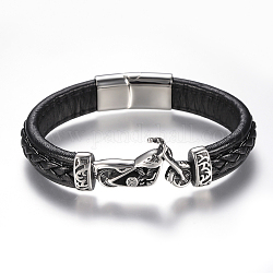Bracelets de cordon en cuir tressé pour hommes, avec accessoires en 304 acier inoxydable et les fermoirs magnétiques, moto, noir, 8-5/8 pouce (220 mm)