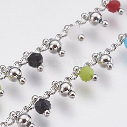 Handmade Brass Link Curb Chains, Soldered, with Faceted Glasses Beads, Platinum, Colorful, 7.5mm, about 32.8 Feet(10m)/roll