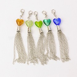 Handmade Silver Foil Glass Tassel Pendant Decorations, Iron Chains and Alloy Lobster Claw Clasps, Mixed Color, 100mm