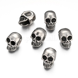 304 Stainless Steel European Beads, Large Hole Beads, Skull, Antique Silver, 14.5x10.5x12.5mm, Hole: 4mm