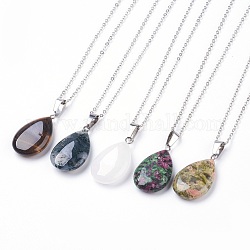 Natural & Synthetic Gemstone Pendant Necklaces, with Brass Chains, teardrop, 17.3 inch(44cm), 1.5mm