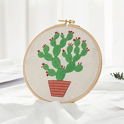 Kit débutant broderie motif cactus diy débutant, y compris les aiguilles à broder et le fil, tissu en coton et lin, lime green, 27x27 cm