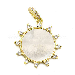 Rack Plating Brass Micro Pave Clear Cubic Zirconia Pendants, with Shell, Long-Lasting Plated, Cadmium Free & Lead Free, Sun Charm, Real 18K Gold Plated, 26x23.5x3mm, Hole: 5x2.5mm