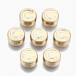 Abalorios de aleación de esmalte, sin plomo y cadmio, redondo plano con letras iniciales, la luz de oro, blanco, letter.c, 8x4mm, agujero: 1.5 mm