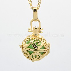 Golden Tone Brass Cage Pendants, Chime Ball Pendants, Round, with Brass Spray Painted Bell Beads, Light Green, 27x24x21mm, Hole: 3x5mm