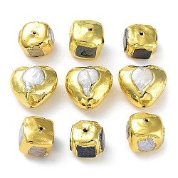 Perlas de latón enchapadas en estante con perla keshi natural barroca, Plateado de larga duración, formas mixtas, dorado, 18.5~25x19.5~26.5x16~19mm, agujero: 1 mm