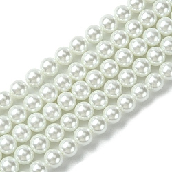 Fili di perle rotonde di perle di vetro tinto ecologico, cavetto in cotone filettato, bianco, 8mm, Foro: 0.7~1.1 mm, circa 52pcs/filo, 15 pollice
