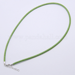 Silk Necklace Cord, with Brass Lobster Claw Clasp and Extended Chain, Platinum, Green, 17~18.5 inch