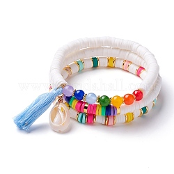 Natural Cowrie Shell & Tassel Charm Bracelets Set, Natural Malaysia Jade(Dyed) & Non-magnetic Synthetic Hematite Beads Bracelet, Polymer Clay Disc Beads Bracelet, 7 Chakra Power Jewelry for Her, Mixed Color, Inner Diameter: 2-1/8 inch(5.4~6.1cm), 3pcs/set