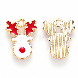 Pendente smaltati in lega, per Natale, forma di renna/cervo di Natale, oro chiaro, bianco & rosso, 17x13x2mm, Foro: 1.6 mm