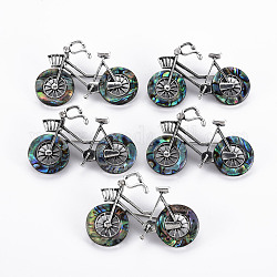 Bicycle Shape Natural Abalone Shell/Paua Shell Brooch Pin, Alloy with Rhinestone Lapel Pin for Backpack Clothing, Lead Free & Cadmium Free, Antique Silver, Colorful, 34~35x50~52x10~12mm, Hole: 6x4mm, Pin: 0.7mm
