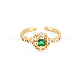 Redondo plano con vidrio cuadrado anillo de puño abierto con circonita cúbica, joyería de latón chapado en oro real de 18k para mujer, sin plomo y cadmio, verde oscuro, nosotros tamaño 5 1/2 (16.1 mm)