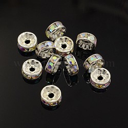 Abalorios de latón Diamante de imitación espaciador, Grado A, brida recta, color plateado, rerondana plana, crystal ab, 8x3.8mm, agujero: 1.5 mm