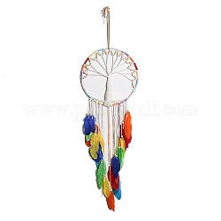 Tree of Life Woven Web/Net with Feather Wall Hanging Decorations, with Iron Ring and Wood Bead, for Home Bedroom Decorations, Colorful, 900mm