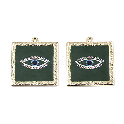 Printed Alloy Pendants, with Enamel, Square with Eye, Light Gold, Dark Green, 33x30x2mm, Hole: 1.6mm