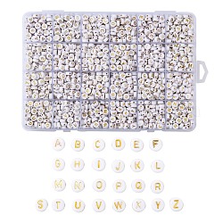 Plating Acrylic Beads, Golden Metal Enlaced, Horizontal Hole, Flat Round with Alphabet, White, Letter A~Z, 7x3.5mm, Hole: 1.2mm, 26letters, about 73pcs/letter, 1898pcs/box