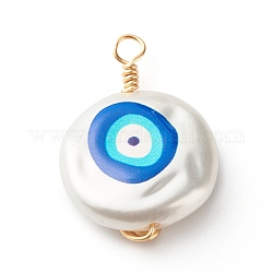 3D Printed ABS Plastic Imitation Pearl Pendants, with Eco-Friendly Copper Wire, Flat Round with Evil Eye, Real 18K Gold Plated, 26x18x5mm, Hole: 2.5mm