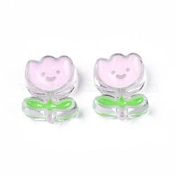 Perles en acrylique transparente, avec l'émail, fleur avec le visage souriant, perle rose, 25x20x9mm, Trou: 3mm