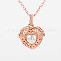Rose Gold Plated Brass Rhinestone Cage Pendants, Chime Ball Pendants, Hollow Heart, with No Hole Spray Painted Brass Round Ball Beads, Silver, 28x27x15mm, Hole: 3x8mm