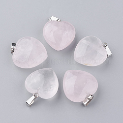 Ciondoli quazo rosa naturale, con i risultati in lega di tono platino, cuore, 22~23x20~21x9~10mm, Foro: 2.5x5.5 mm